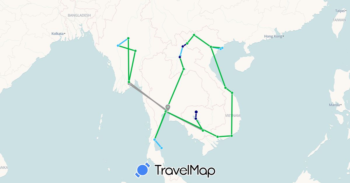 TravelMap itinerary: driving, bus, plane, boat in Cambodia, Laos, Myanmar (Burma), Thailand, Vietnam (Asia)